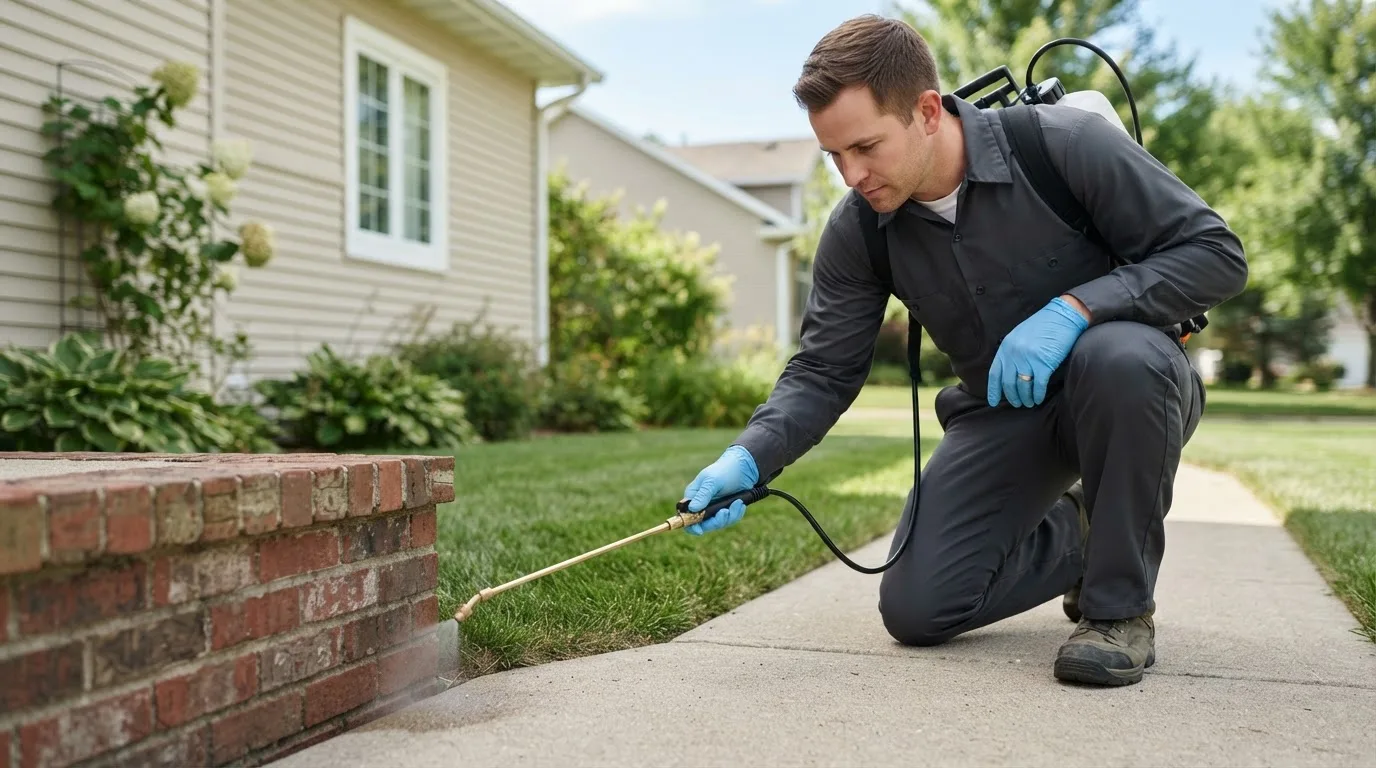 Pest control technician treating a home near Henriette, MN
