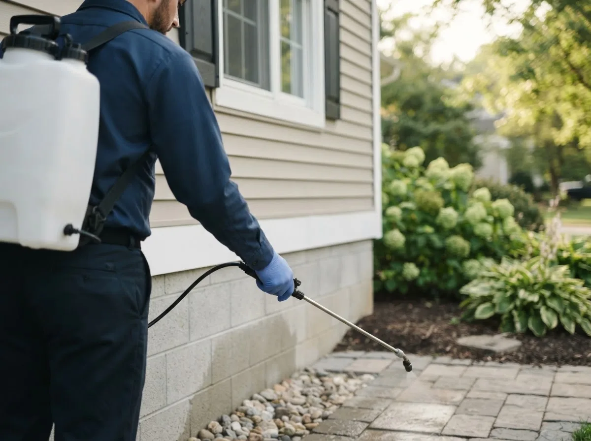 Pest control technician inspecting a home in Henriette, MN